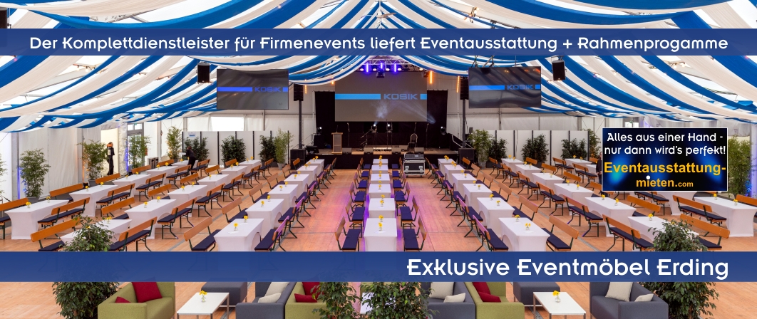 Exklusives weiß-blaues Festzelt mit Lounge-Möbeln im Vordergrund, dahinter Bierzeltgarnituren mit breiten Tischen und Rückenlehnen, dazu blaue Bierbankpolster und weiße Stretch-Tischhussen